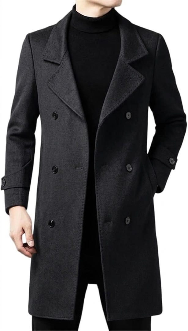 Men's Long Wool Trench Coat Winter Thick Warm Overcoat Notch Lapel Outerwear Medium