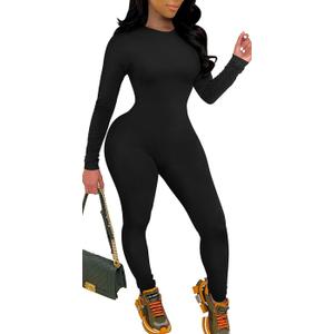 GOBLES Women's Sexy One piece Outfits Long Sleeve Back Zipper Bodycon Jumpsuit Rompers (Medium, Black)
