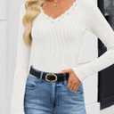 ZESICA Women's Long Sleeve Lace V Neck Fall Shirts Slim Fit Going Out Tops Ribbed Knit Dressy Business Casual Blouses (White, M)