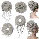 HOOJIH Messy Bun Hair Pieces, 4 Pieces Messy Bun Straight Bun Hair Pieces for Women Wavy Tousled Updo Short Ponytail Hair Extensions Large Bun with Elastic Band - Smoke Gray