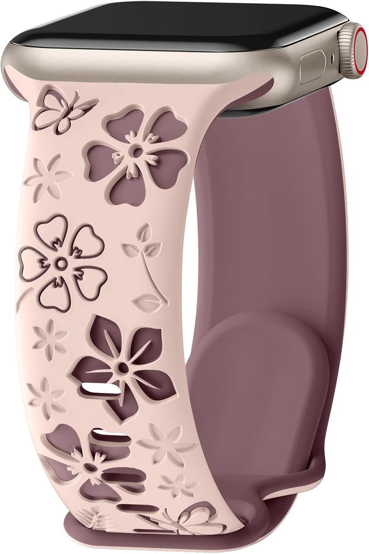 Floral Engraved Band Compatible with Apple Watch Band Women 40mm 38mm 41mm 42mm 44mm 45mm 46mm 49mm, Soft Silicone Two-Tone Flower Sport Strap for iWatch Series 10 9 8 7 6 5 4 3 2 1 SE Ultra