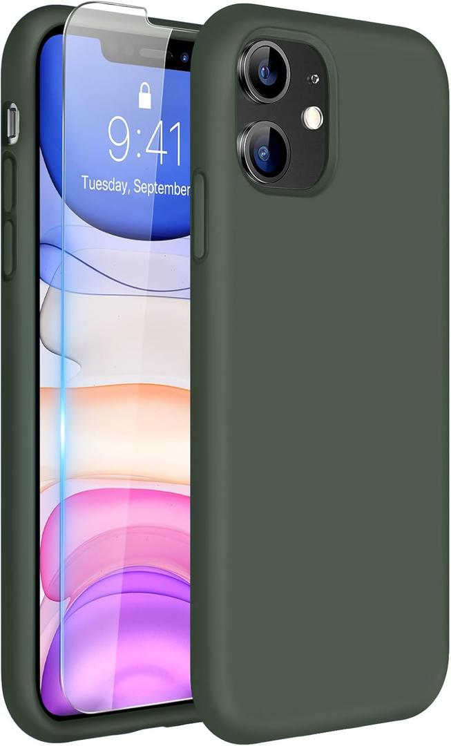 Miracase Designed for iPhone 11 Phone Case, with Screen Protector, Liquid Silicone Gel Rubber Full Body Drop Protection Shockproof Cover Phone Case for iPhone 11 6.1 inch, Dark Green