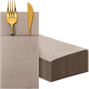 Seajan 35 Pieces Pocket Linen Napkins, Disposable Airlaid Paper Prefolded Dinner Napkins with Built in Flatware Pocket for Silverware Wedding Party, (Wood Color)