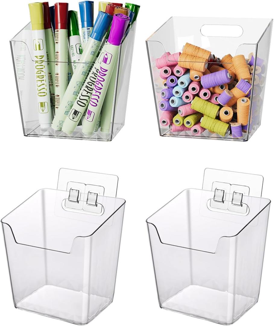 Clear Adhesive Wall Storage Bins, 4 Pack Cabinet Door Organizer Holders, Hanging Wall Mount Pockets, Plastic Cups for Shower Bathroom Makeup Office Craft Remote Kitchen Sink RV Organization (Small)