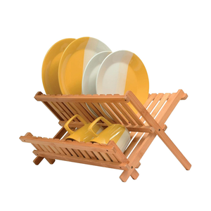 KAEASOUS Bamboo Dish Drying Rack - Large 2 Tier Wooden Dish Drying Rack for Kitchen, Wooden Plate Rack with Foldable Design, Drying Rack for Dishes, Utensils and Cups, Folding Dish Rack for Kitchen