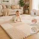 16pcs 0.6" Thickened Interlocking Tile Mats,Fluffy Shaggy Soft EVA Foam Area Rug for Living Room & Bedroom,Non-Slip Protective Floor Carpet Play Mat Kids Baby Dorm Home Decor (11.8ft, Khaki)