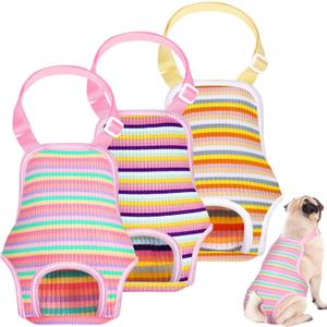3 Pieces Dog Diaper Striped Sanitary Pantie with Adjustable Suspender Washable Reusable Puppy Sanitary Panties Cute Pet Underwear Diaper Jumpsuits for Female Dogs (Rainbow Pattern, XL)