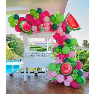 Summer fruit Watermelon Party Decorations Balloon Arch Garland Kit Red Green Pink with Watermelon mylar balloons for one in a melon theme Birthday Party Decorations, 2 inches x 10 inches x 5 inches