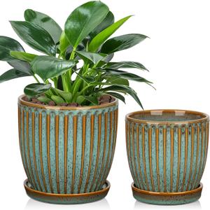 Oairse Ceramic Pots for Indoor Plants, 4.9 + 5.7 Inch Set of 2 Bluish Grey With Drainage Holes and Saucers, Texture Planters for Succulent, Indoor Outdoor Flower