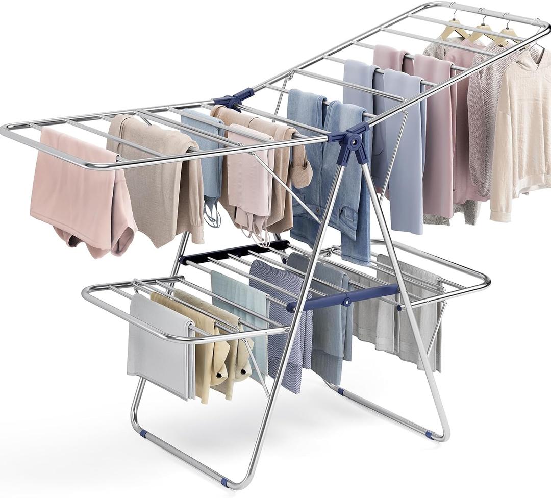 Large Stainless Steel Clothes Drying Rack, Generous Drying Area
Foldable 2-Level Drying Rack Clothing, Free-Standing Laundry Airer, with Height-Adjustable 4 Wings, Matte Blue