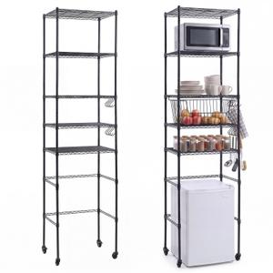 5 Tier Over The Fridge Shelf for Dorm Wheels 8 Hooks and 5 PVC Pads Black