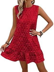 Women's Ruffle Hem Jacquard Dress Casual Sleeveless Tank Floral Mini Dress Smock Wedding Guest Dresses (Red, XX-Large)