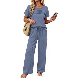 OFEEFAN Women's 2 Piece Outfits Summer Linen Wide Leg Pants Lounge Sets Cruise Airport Going Out Resort Wear Casual Suits Fashion Clothing Loose Side Slit Loungewear Blue XL