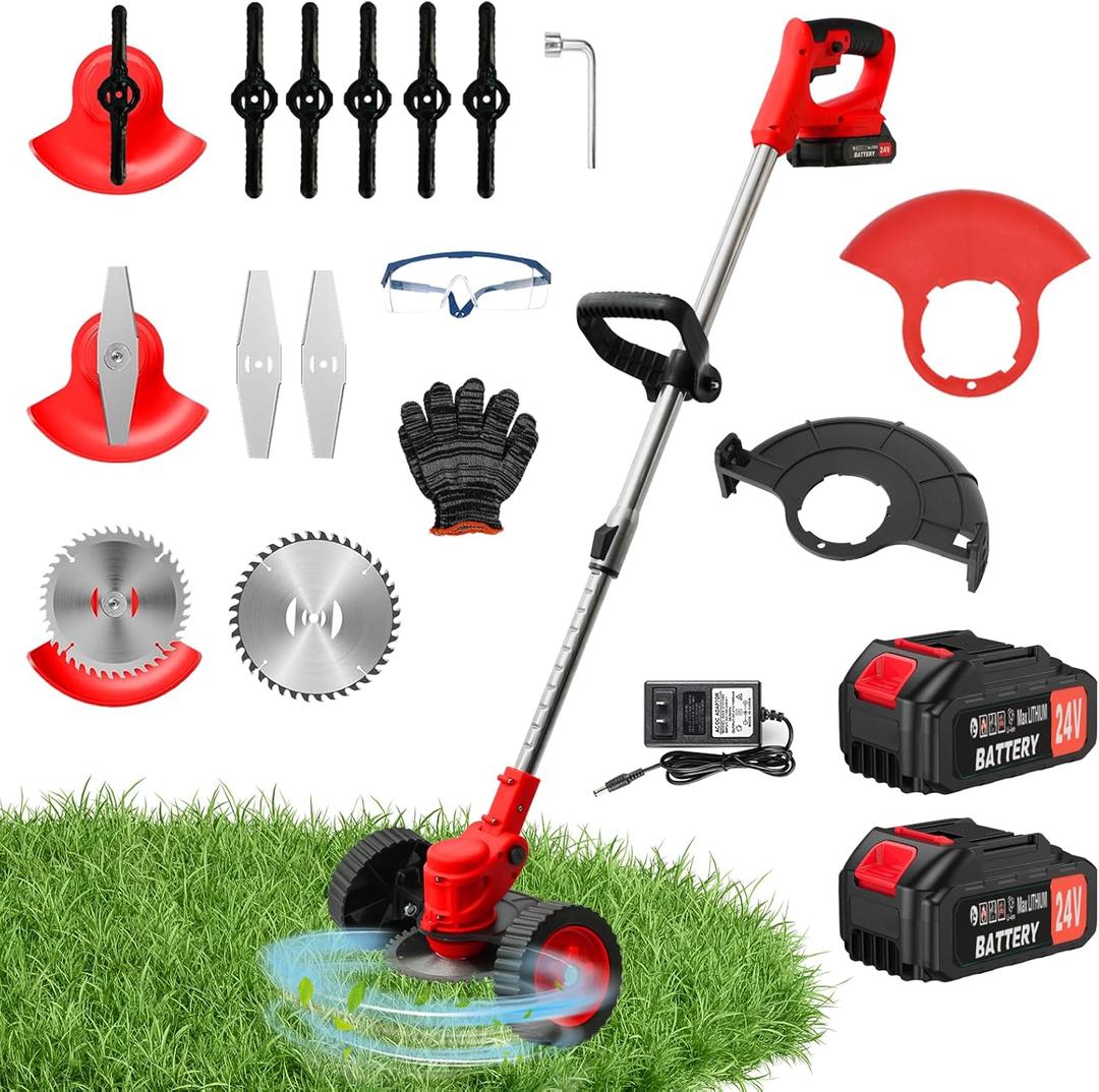 24V Electric Weed Wacker Grass Trimmer with 2pcs Batteries & Fast Charger, 3 in 1 Stringless Lightweight Brush Cutter/Edger/Mower with 3 Types Blade & Wheels for Garden and Yard Lawn