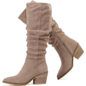 Women's Knee High Boots, Wide Calf Chunky Block Low Heel and Slouchy Pointed Toe Winter Long Boots for Women. (8.5, Beige Mf 961)