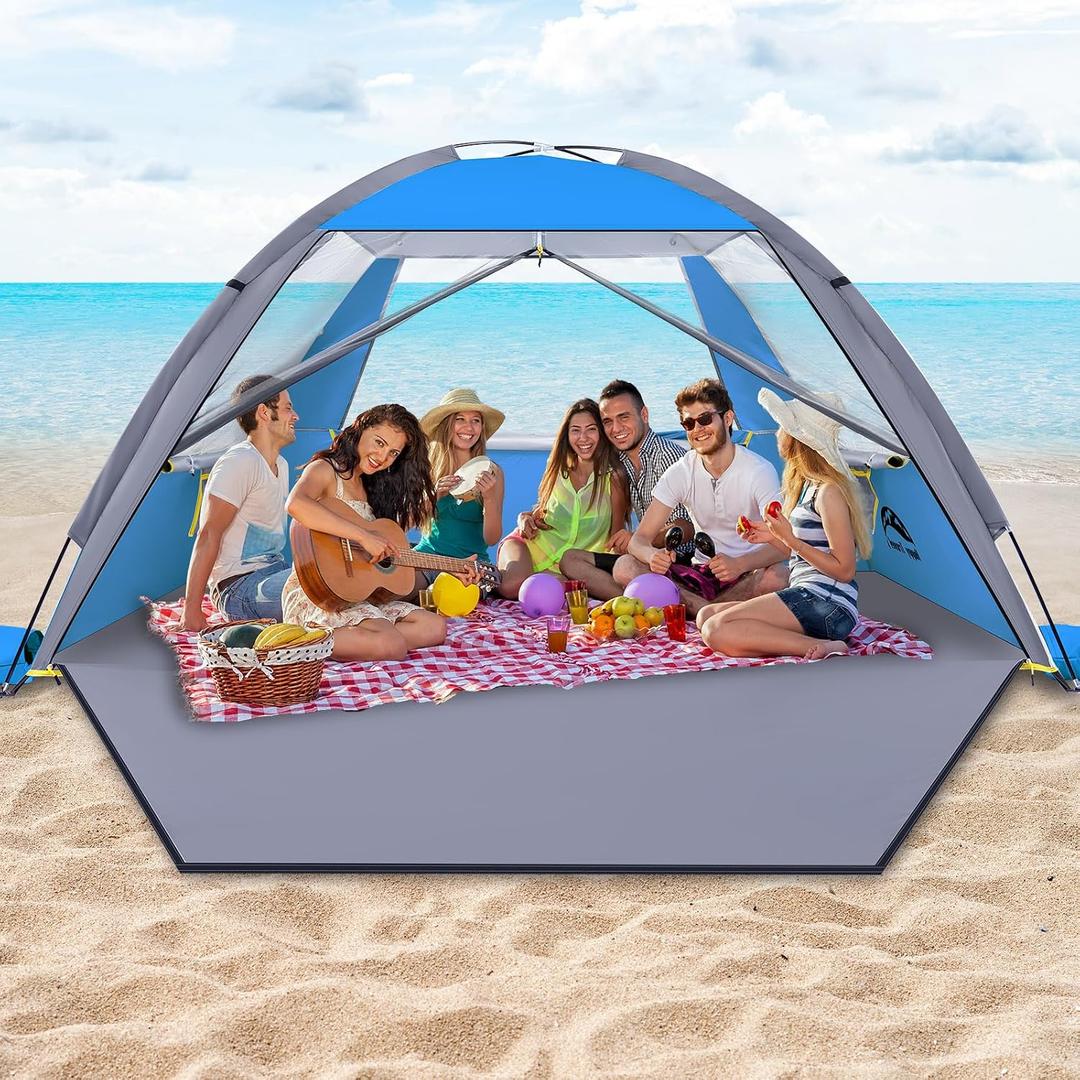 Happy Travel Beach Tent, UPF 50+ UV Protection Sun Shade Shelter for 6 Person, Portable Beach Canopy for Family & Baby, Lightweight & Easy Setup Beach Cabana with 3 Ventilation Mesh Windows, Dark Blue