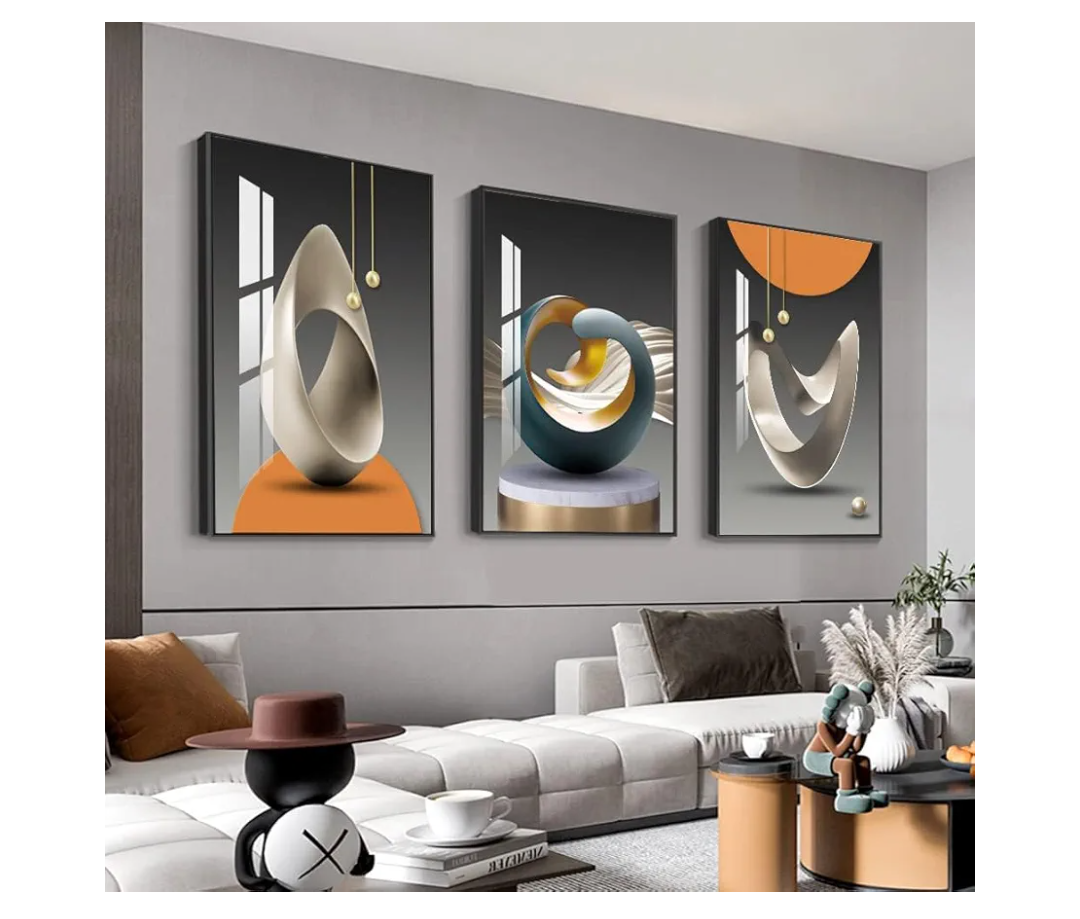 MPLONG Wall Art, Bright Style Framed Wall Art, Abstract Modern Art Shape Pattern White Blue Yellow Grey Wall Art Artfully Matching Living Room Bedroom Office Wall Decor - 24"x 32"x 3 Panels
