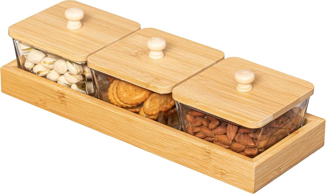 Basicwise Set of 3 Square Glass Jars with Bamboo Lids and Wooden Tray  Rectangular Charcuterie, Snack Organizer and Fruit Platter for Party, Candy Jars, Cookies, Nuts, Fruits and Snack Box