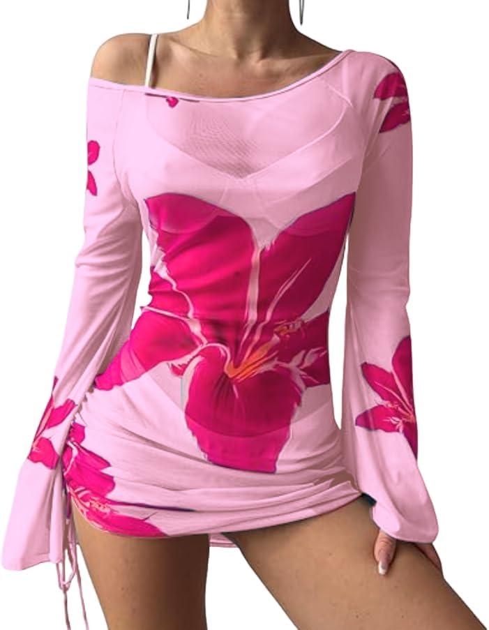 ZAFUL Womens Swimsuit Cover Up Dress Off Shoulder Hollow Coverup Bathing Suit Mesh Swim Beach Dress (Large, 0-pink)