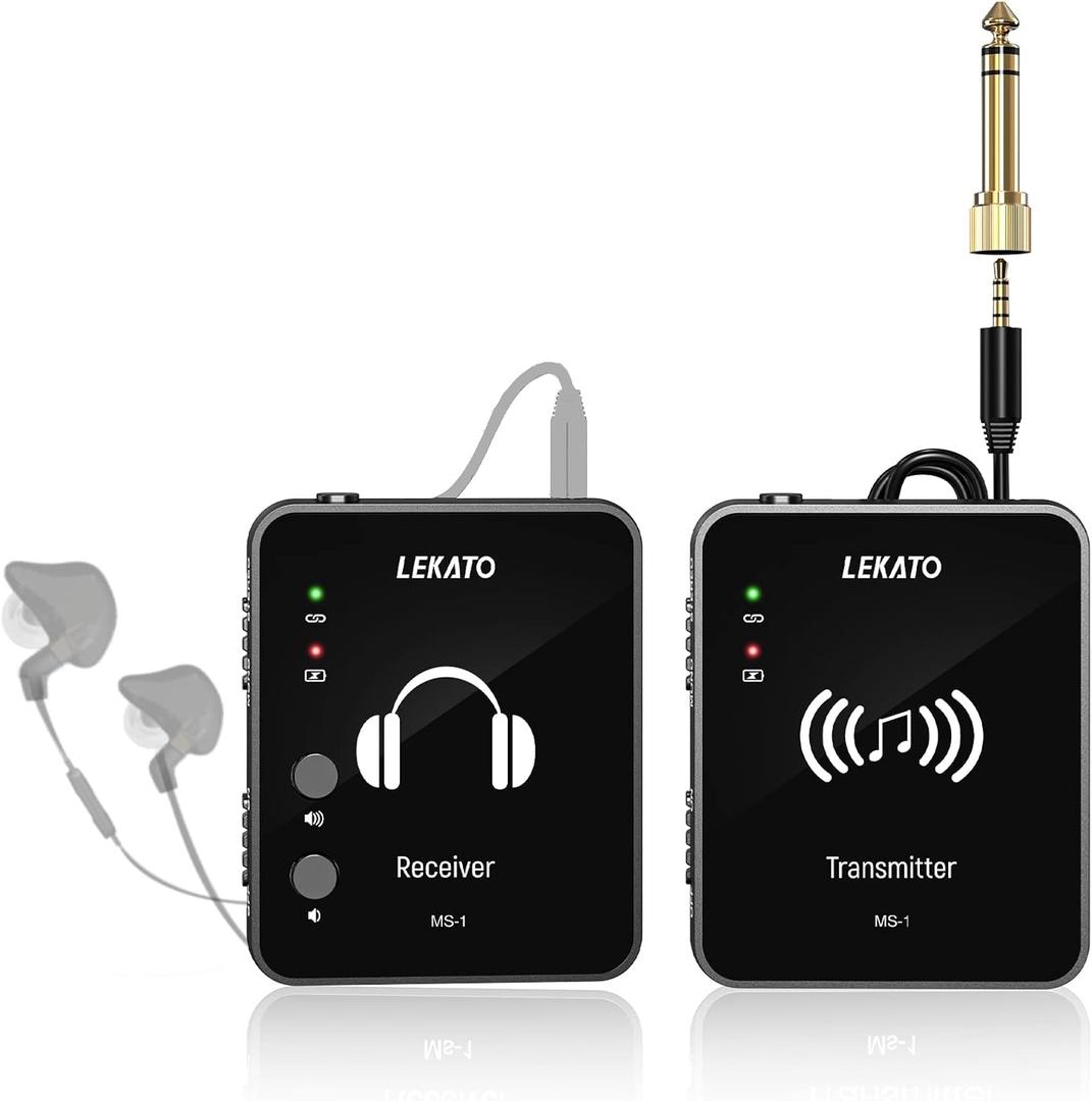 LEKATO MS-1 Wireless in Ear Monitor System, 2.4GHz Stereo in-Ear Monitoring with Transmitter Receiver Clip On, One to Many, Auto-Pairing,Wireless IEM for Band Rehearsal,Studio, Church,Small Gigs (Black)