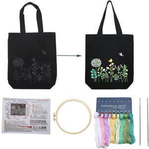 VWV-Whizzing Embroidery Canvas Tote Bag DIY Kit for Beginners, Complete with Pattern, Hoops, Color Threads, Tools & Detailed Instructions for Adults (13X15(in) Black-Bu)