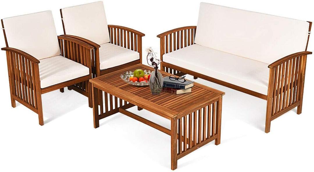 Tangkula Outdoor 4 Pcs Acacia Wood Sofa Set w/Water Resistant Cushions, Padded Patio Seating Chat Set w/Coffee Table for Garden, Backyard, Poolside (1, White)