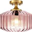 Pink Close to Ceiling Light Hallway Light Fixtures Vintage Antique Brass Ceiling Lamp with 11.02" Stripes Glass Shade Schoolhouse Flush Mount Ceiling Light for Closet Entryway Shower Light