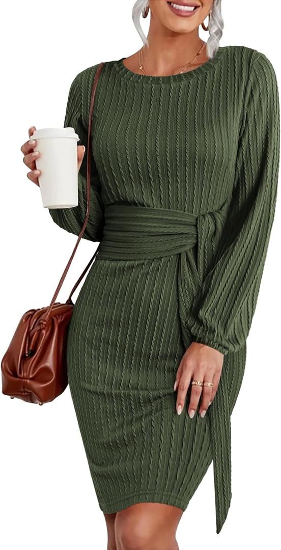 HOTOUCH Womens Fall Dress Tie Waist Dress Loose Knit Dress for Women Crew Neck Cocktail Dress Fall Party Dress Army Green Small
