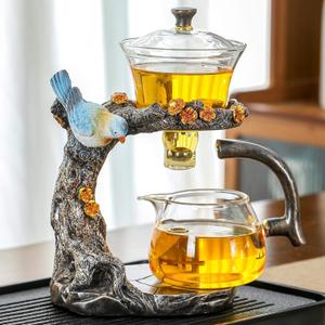 Glass Kungfu Teapot Set Tea maker with Infuser Semi Automatic Tea Set (Blue bird)