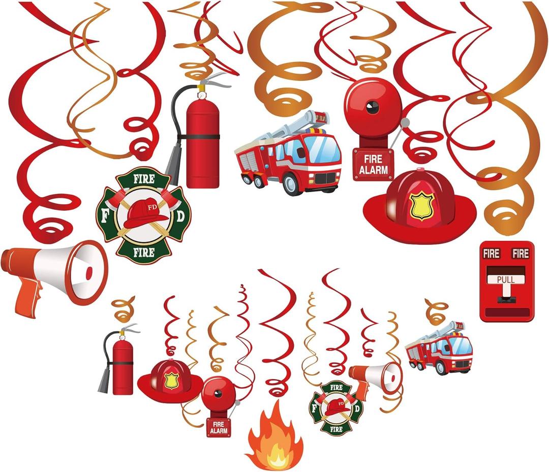 Kristin Paradise 30Ct Fire Truck Hanging Swirl Decorations, Firefighter Party Supplies, Fireman Birthday Theme Decor for Girl Boy Baby Shower, Firetruck Kids 1st Bday Favors
