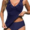 Yonique Womens Two Piece Swimsuits - Ruffle Flounce Tankini Tummy Control Bathing Suits V Neck Swimwear Navy Blue S