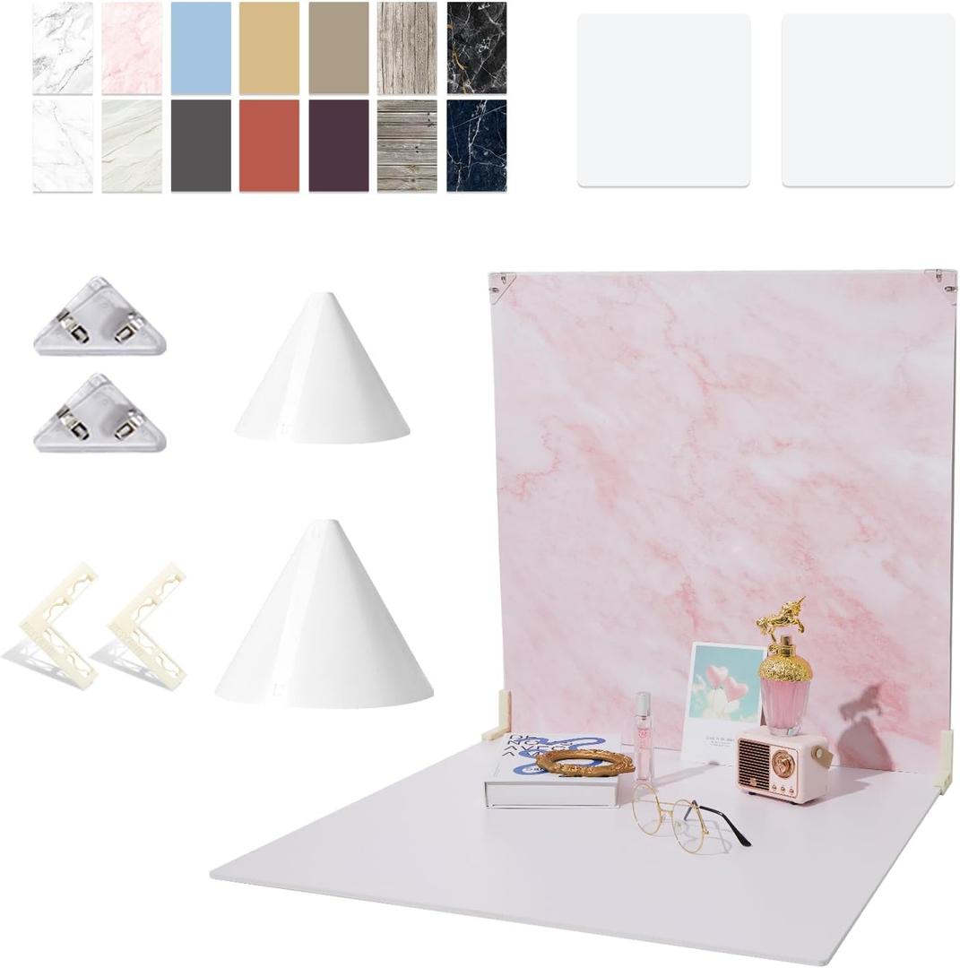 2PCS 24x24Inch Background Boards, 7PCS Backdrop Paper with 16 Inch & 24Inch Light Cone, Photography Kit for Product Shooting, 2PCS Brackets with 2PCS Clips for Food Jewelry Make-up
