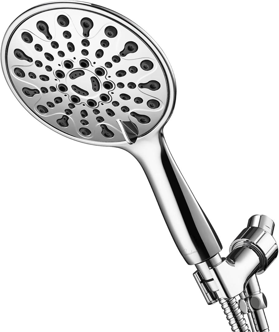 Handheld Shower Head, 6" Chrome Face 6 Spray Setting Shower Head with High Pressure, Brass Swivel Ball Mount and Extra Long Flexible Stainless Steel Hose