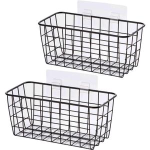 2 Set Adhesive Hanging Wall Basket Inside Cabinet Door Organizer 11*5*5,Wall Storage Basket-No Drilling Adhesive wall Basket for Cupboard Door, Space-Saving Small Hanging Baskets for Wall Mount Storage, Black
