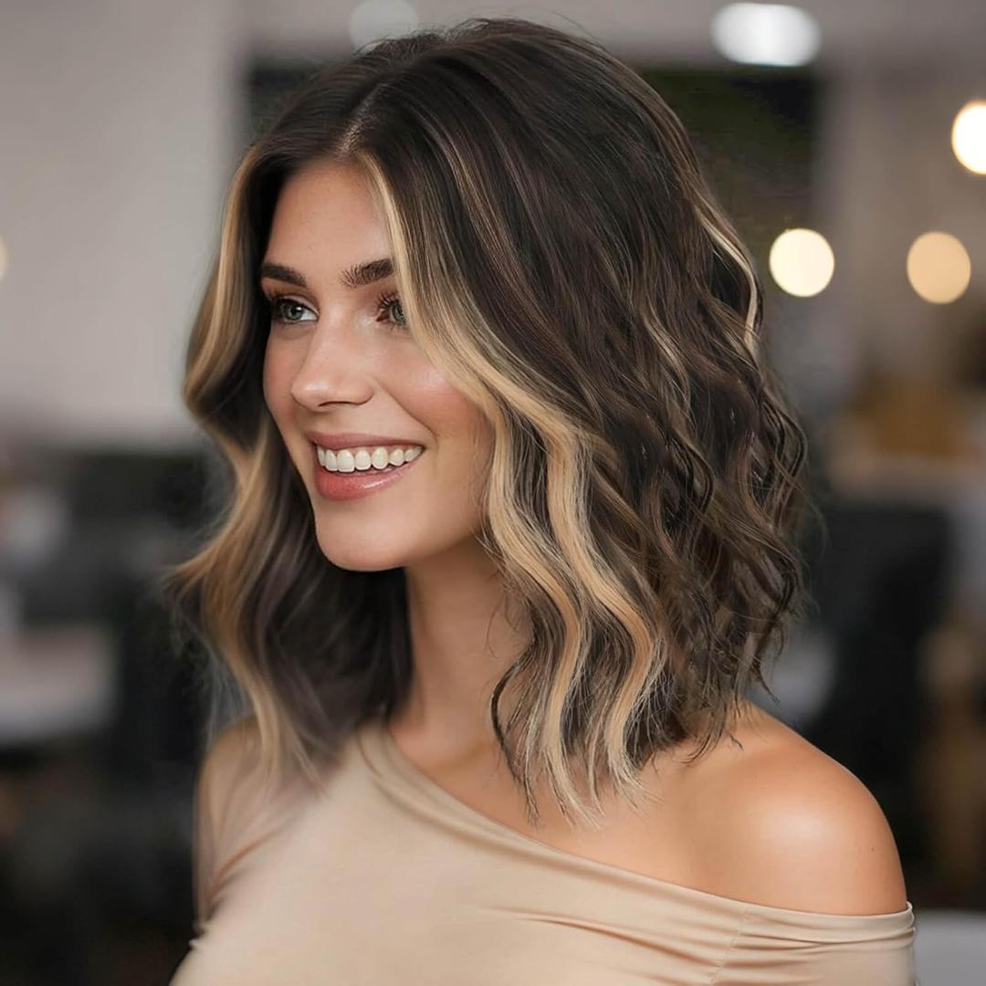 Eawwii Brunette with Blonde Highlights Short Wavy Wig for Women Lace Hairline Bob Style Synthetic Heat Resistant - Natural Appearance for Everyday Hairstyle 14 Inch