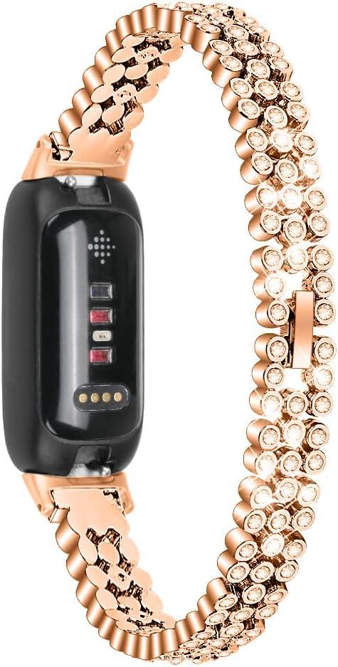 Replacement Watch Bands Compatible with Fitbit Inspire 3 for Women,Stainless Steel Dressy Jewelry Bracelet Slim Bling Crystal Classy Diamond Metal Strap for Fitbit Inspire 3(RoseGold)