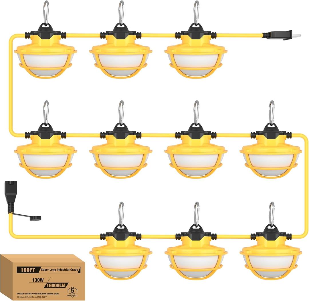 YXL 130W 16000LM Construction String Lights with Protective Cages 100FT Industrial LED Work String Lights, IP65 Waterproof, Super Bright for Construction Sites Temporary Work Jobsites Outdoor Lighting