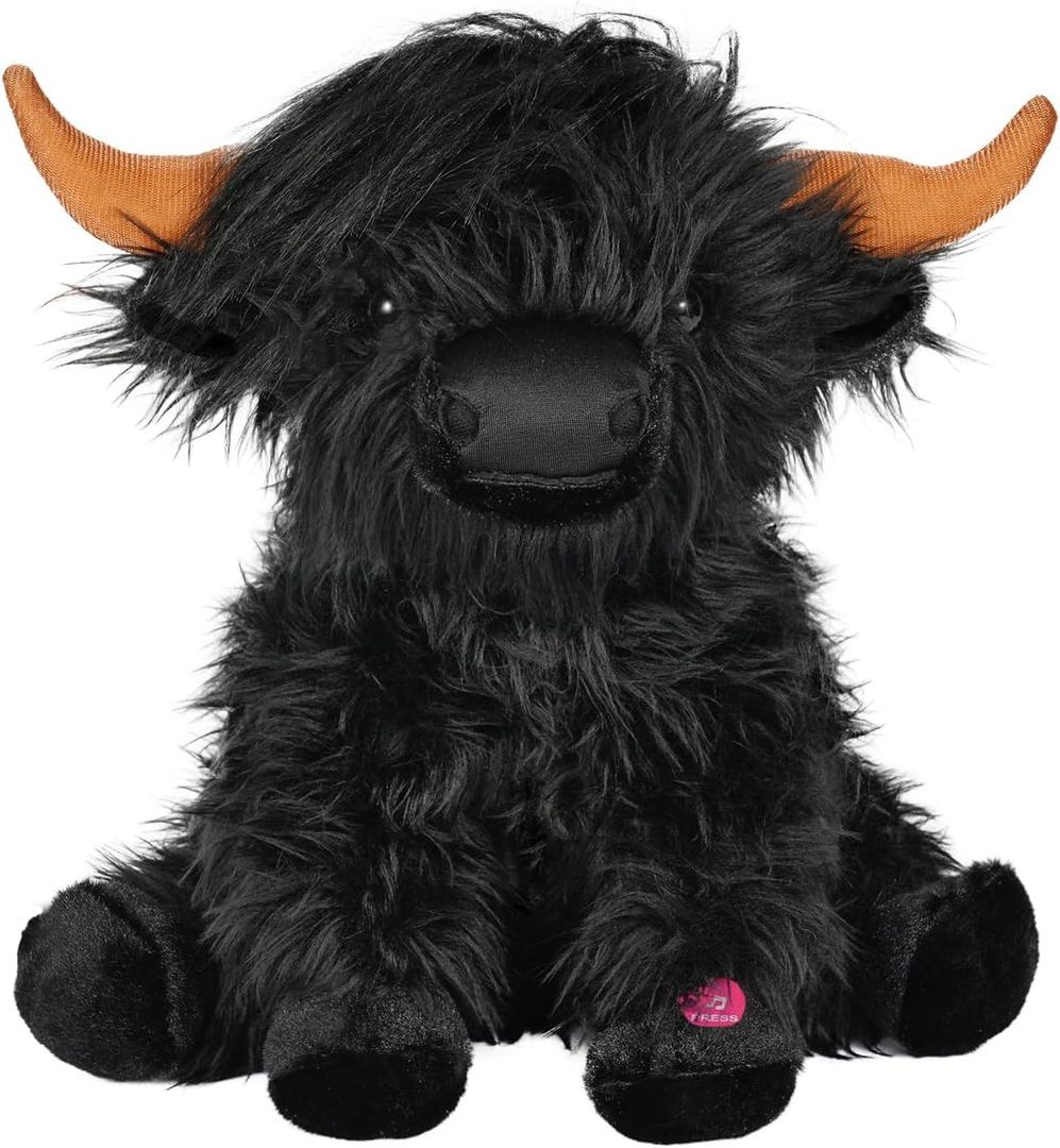 Highland Cow Stuffed Animal with Mooing Sound, 9 inch Black Colored, Farm Toy for Boys Girls Gift Decoration (Black)