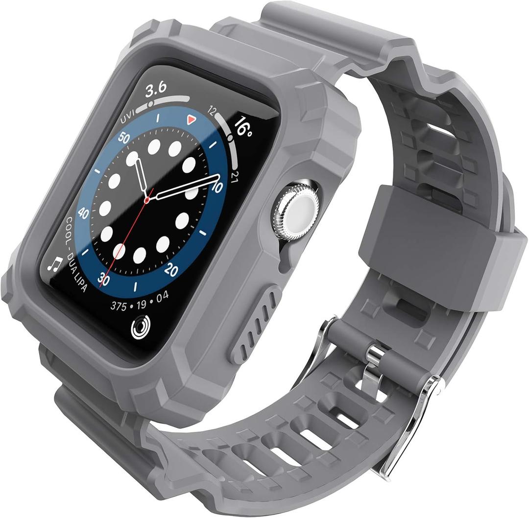 FITO Compatible with Apple Watch Bands 44mm 42mm Series with Case, Rugged Breathable TPU Sport Strap Bands Applicable to iWatch Series 8/SE 2022/7/6/5/4/3/2/1/SE - Grey