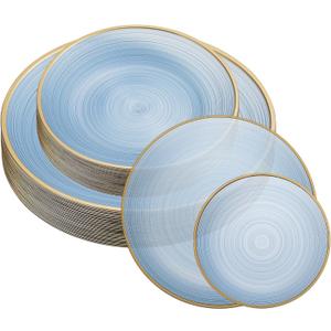 PLASTICPRO 32 Pieces Crystal Design Plastic Plates Combo Pack 7 inch and 10 inch Gold Rim Elegant Disposable Plates, Transparent Blue