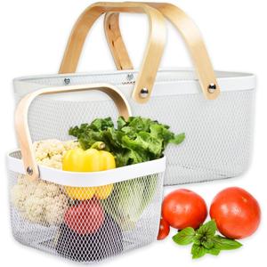 Cheardia 2 Pack Picnic Baskets, Metal Mesh Harvest Basket with Foldable Wooden Handle, Rectangle Garden Storage Basket Bin for Vegetable Fruit Garden Kitchen Cabinet Picking Gathering, White