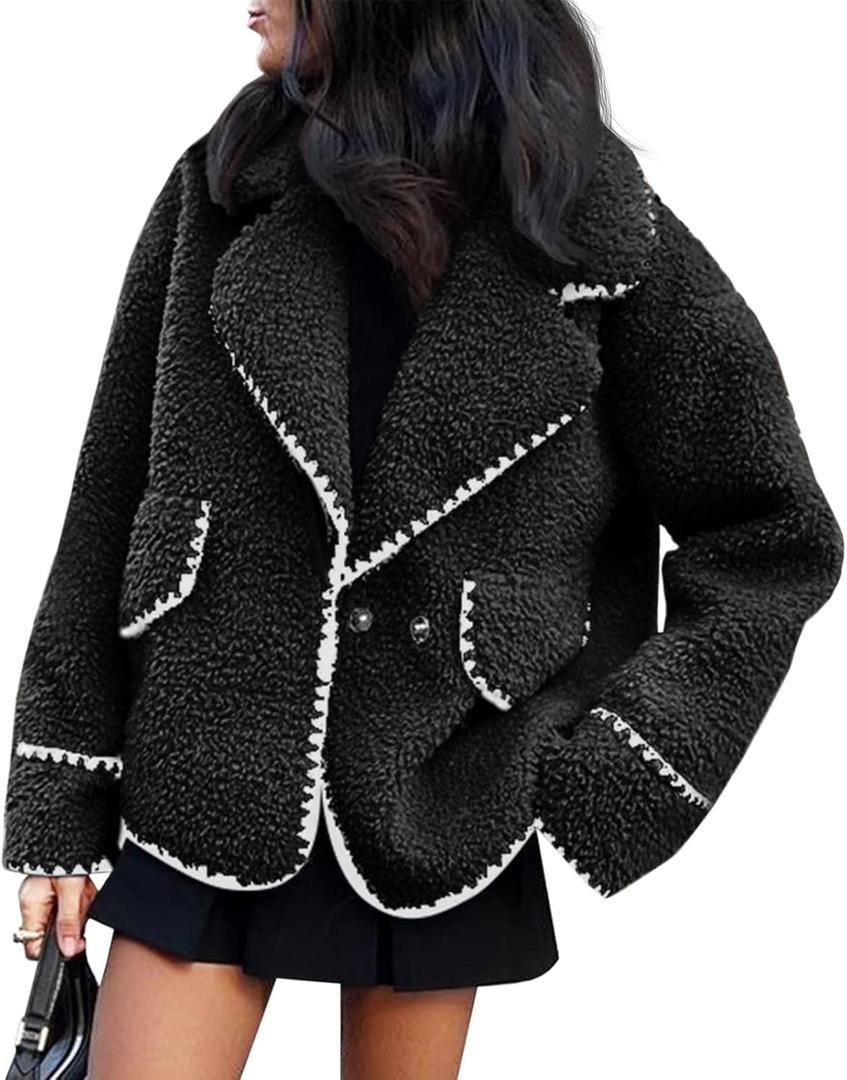 Cicy Bell Womens Sherpa Fleece Jacket Casual Collar V Neck Fuzzy Coats Contrast Trims Open Front Winter Outwear S