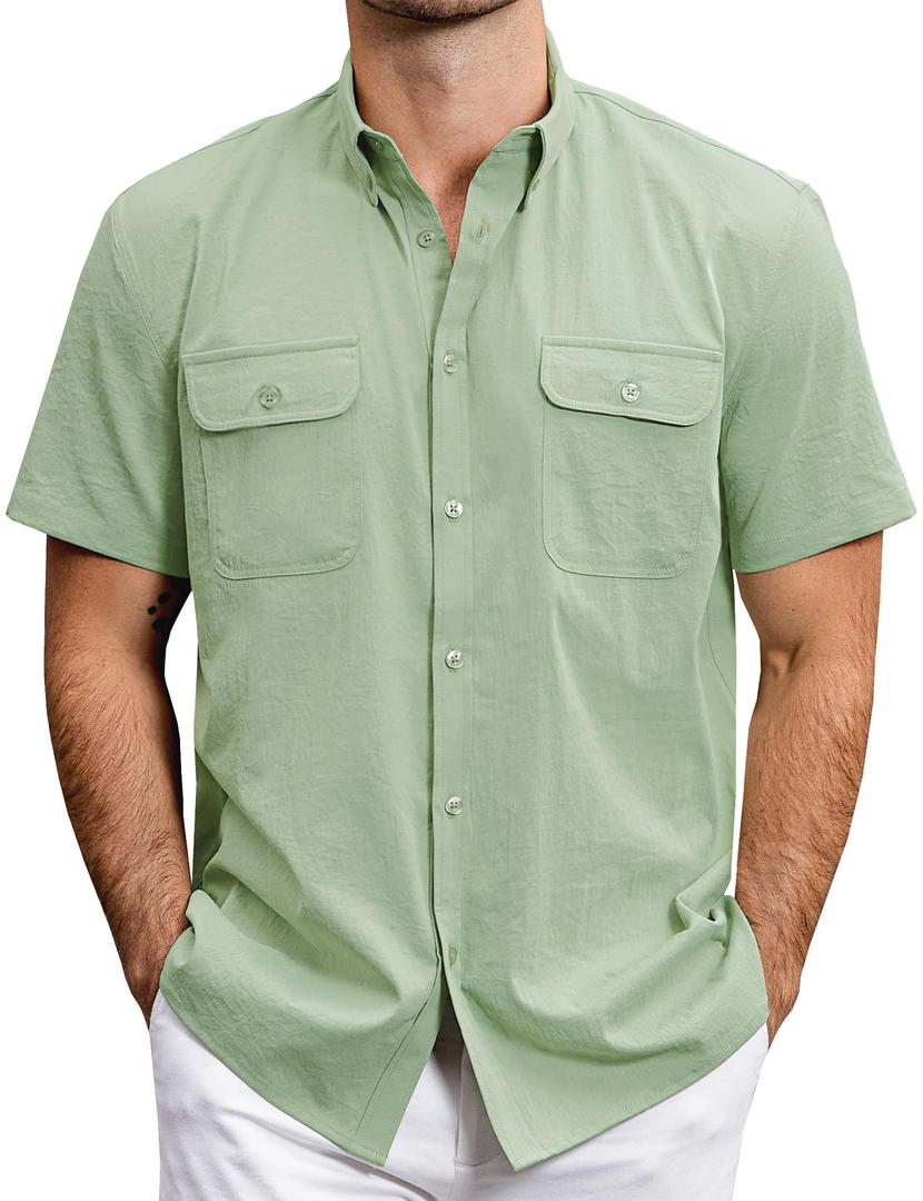 JOGAL Mens Work Shirts Button Down Short Sleeve Shirt SageGreen XX-Large (Green, XXL)