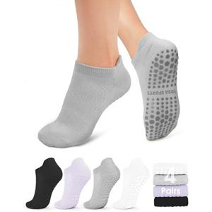 yeuG Pilates Socks for Women Non Slip Grip Socks for Yoga, Barre, Hospital, Barefoot Grippy Yoga Sock Womens Gifts 4 Pairs