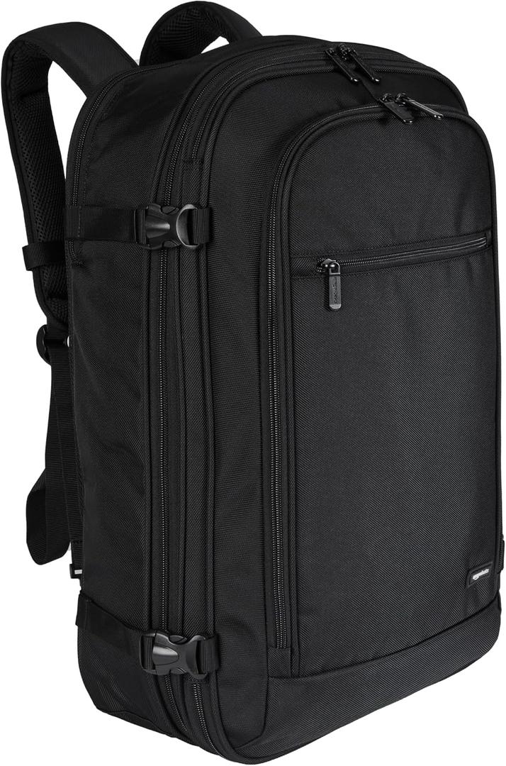 Amazon Basics Travel Backpack, Carry-On with Laptop Compartment, 40L Capacity, Expandable for 10% Extra Space, Convertible Backpack & Shoulder Bag, Multiple Pockets, 15.8"W x 21.5"H x 8.3"D, Black