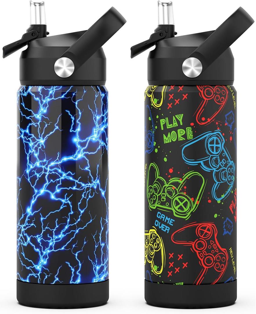 Ntswasd Boys Water Bottle with Straw,18 oz Kids Insulated Cups with Stainless Steel Leak Proof for School,Sport&Travel2packLightning+Game-Graffitig