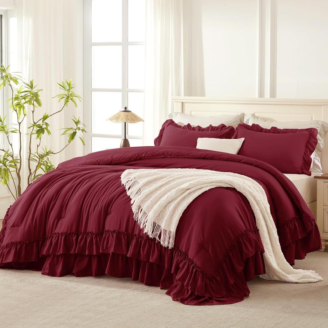 Andency Burgundy Ruffle Comforter Full Set, 3pcs Vintage Farmhouse Shabby Chic Bedding Comforter Set, Soft Lightweight Fluffy Bed Comforter Sets All Season Bedding Set (Full (79"x90"))