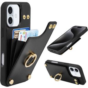 LAMEEKU Compatible with iPhone 16 Wallet Case with Card Holder, 360Rotation Ring Kickstand, RFID Blocking Leather Protective Case for iPhone 16 6.1'' Black