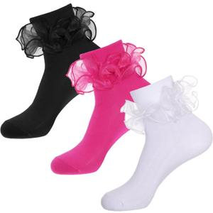 3 Pack Big Ruffle Ankle Socks Woman, Double Lace Turn Cuff Cotton Frilly Dress Short Socks for Women Ladies