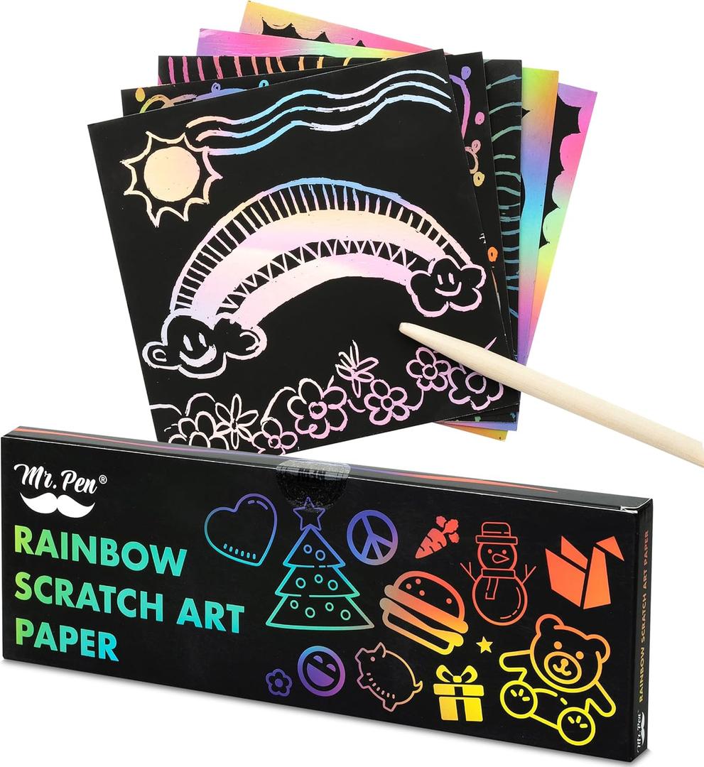 Mr. Pen - Rainbow Scratch Art for Kids, 125 pcs, Wooden Stylus, Black Scratch Paper